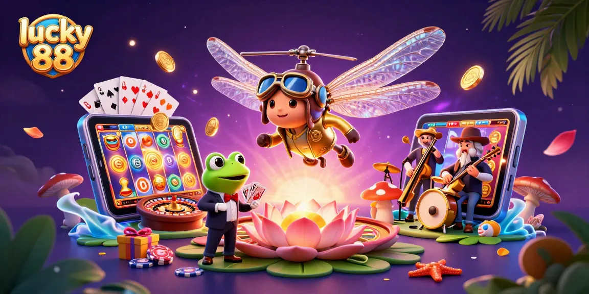 Experience lucky 88 with vibrant 3D illustration depicting adventure and excitement in a casino setting.