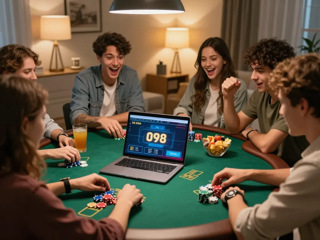 Engage in thrilling online poker at UG DEWA with friends in a lively home setting.