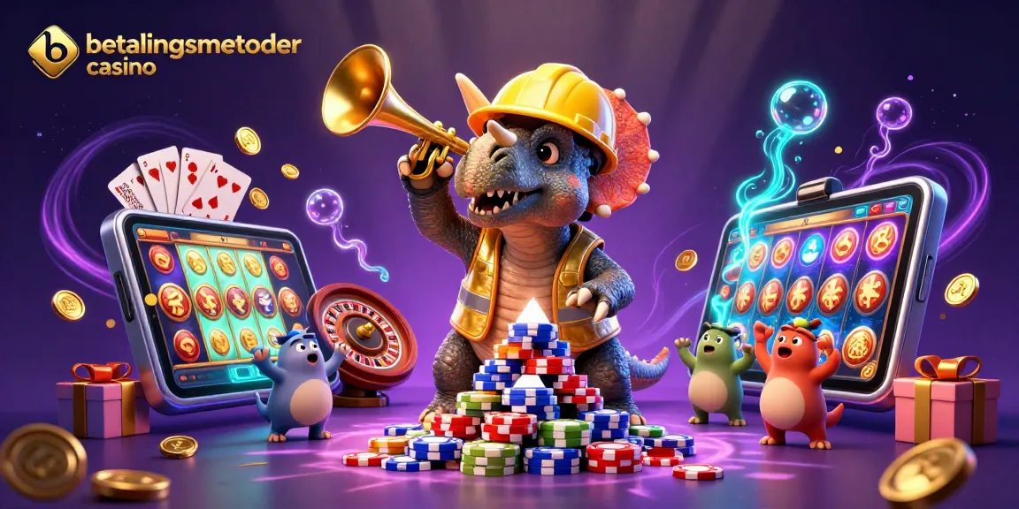 Oppdag betalingsmetoder i casinoer med en 3D-triceratops som bygger pokerchip-pyramide.
