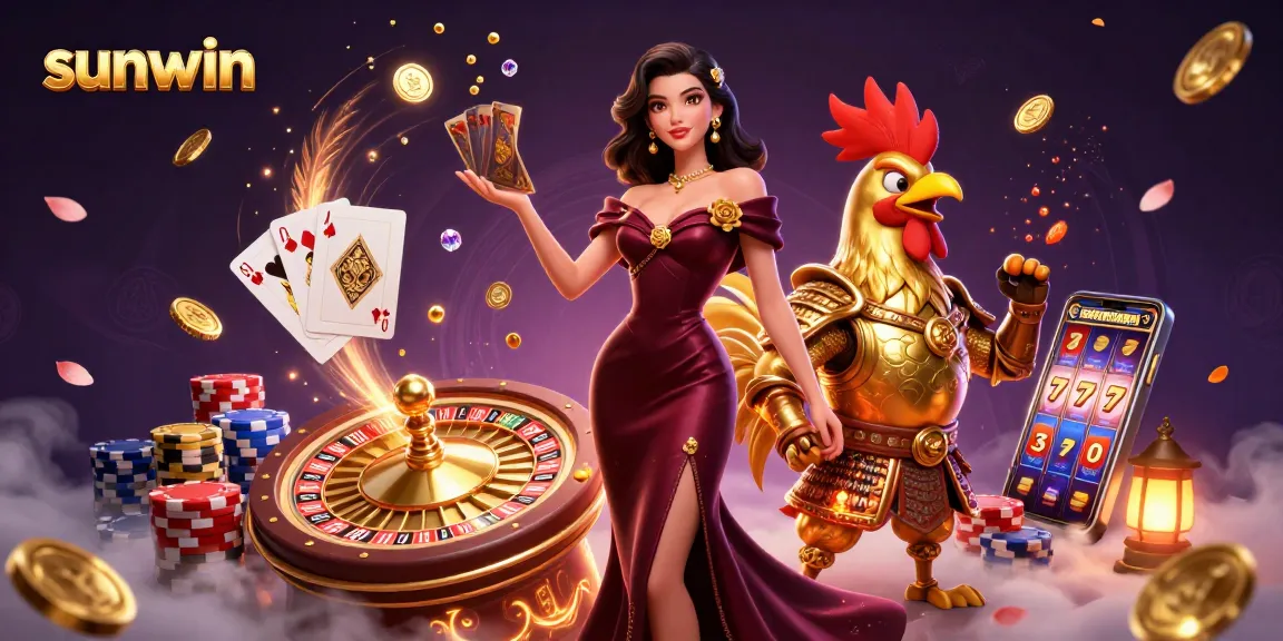 Win big with sunwin's vibrant casino illustration featuring glamorous characters and sparkling game elements.