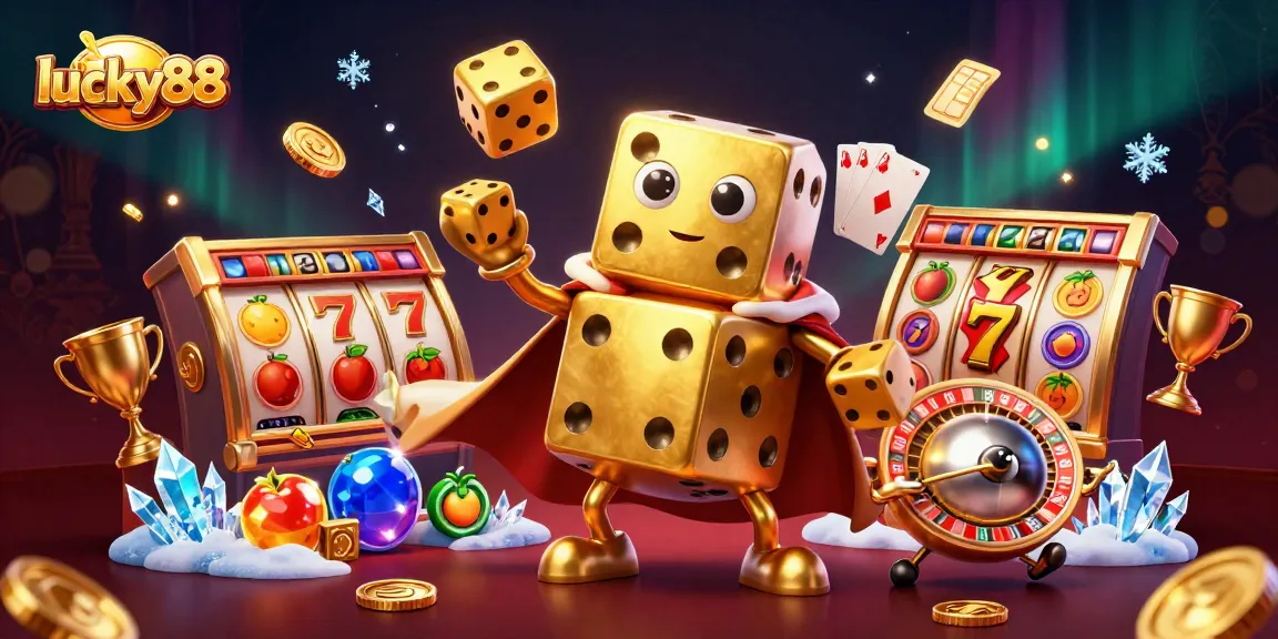 Experience lucky88 with a lively 3D casino scene featuring a golden dice golem and vibrant slot elements.