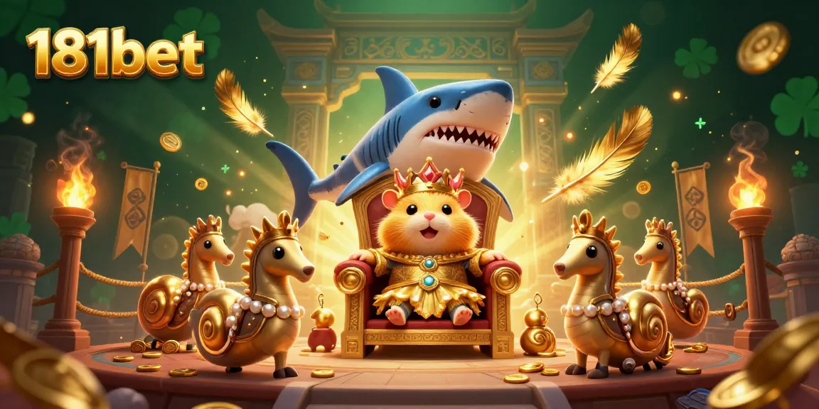 Experience the vibrant world of 181bet with an epic scene showcasing a golden hamster king, seahorse guards, and exciting gambling elements.