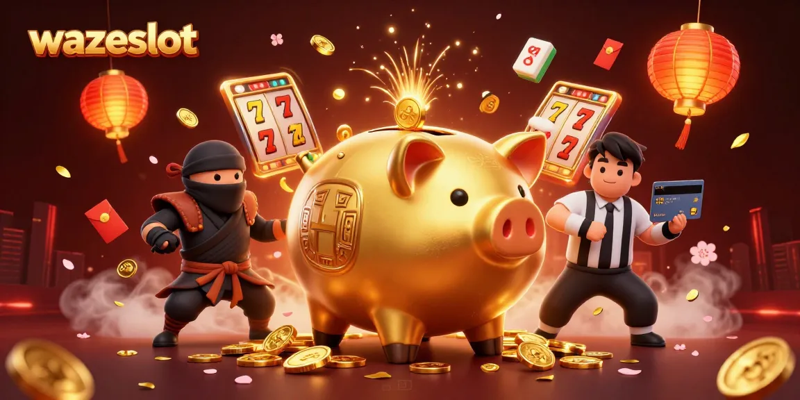 Spin to win with wazeslot as a golden piggy bank and ninja battle in a vibrant casino scene.