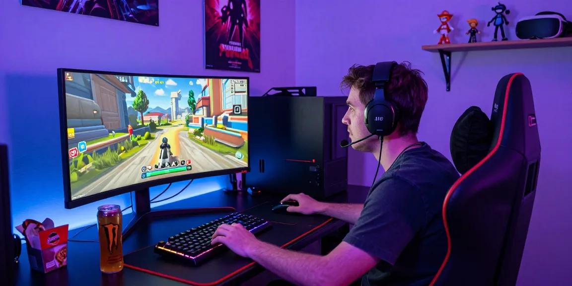 Gamer beraksi dalam permainan terjun4d dengan perangkat gaming canggih dan atmosfer cerah.