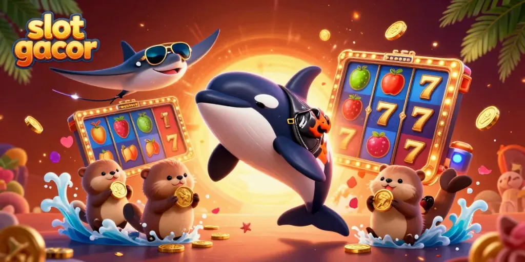 Engaging scene depicting a vibrant slot gacor theme with an orca, stingray, and sea otters amidst coins and slot reels.