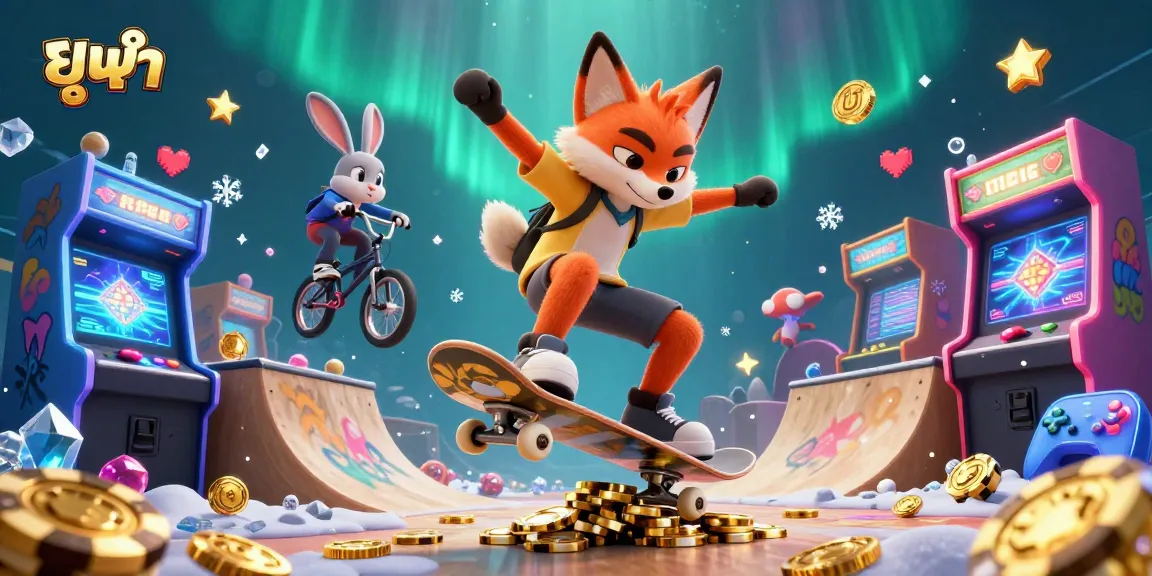 Engaging illustration showcasing a vibrant scene with a skateboarder fox and BMX rabbit, featuring casino elements like golden poker chips, highlighting the excitement of ยูฟ้า betting.
