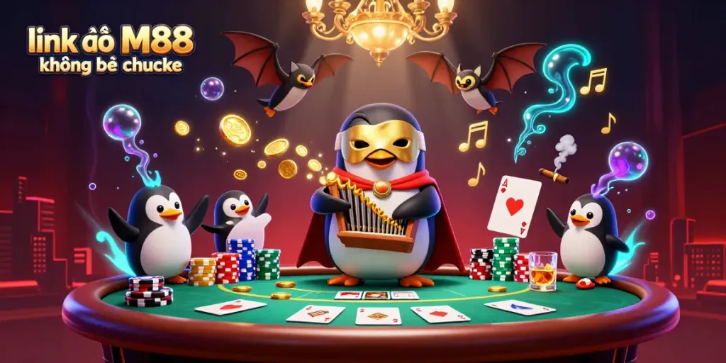 Hình ảnh minh họa "link vào M88 không bị chặn" với nhân vật chim cánh cụt và các yếu tố poker đặc sắc.