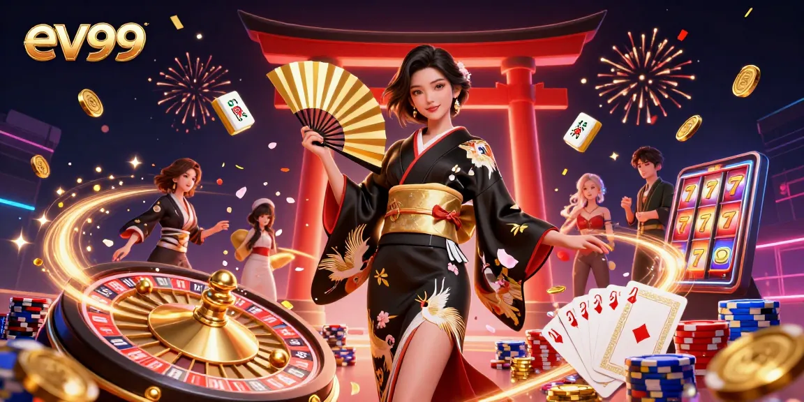 Experience thrilling gameplay at ev99, featuring a vibrant casino scene with spinning roulette, golden coins, and colorful poker chips.