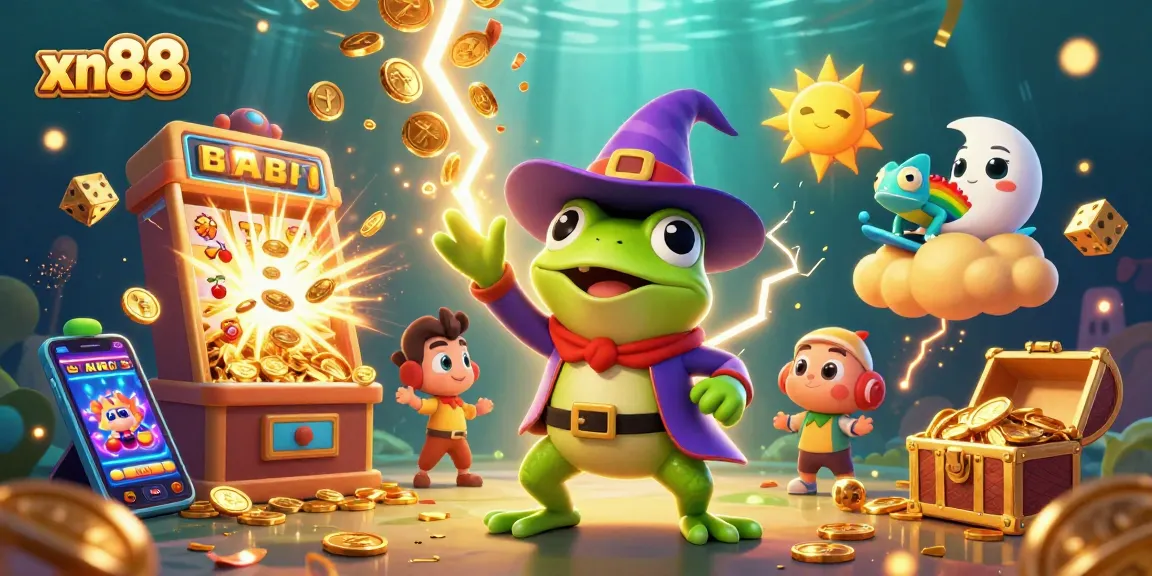 Xn88 engages players with a vibrant 3D scene of a wizard frog amidst a jackpot explosion, showcasing gaming excitement.