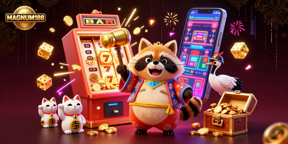 Experience the thrill of MAGNUM188 with a colorful 3D scene showcasing festive characters, slot jackpots, and casino elements!
