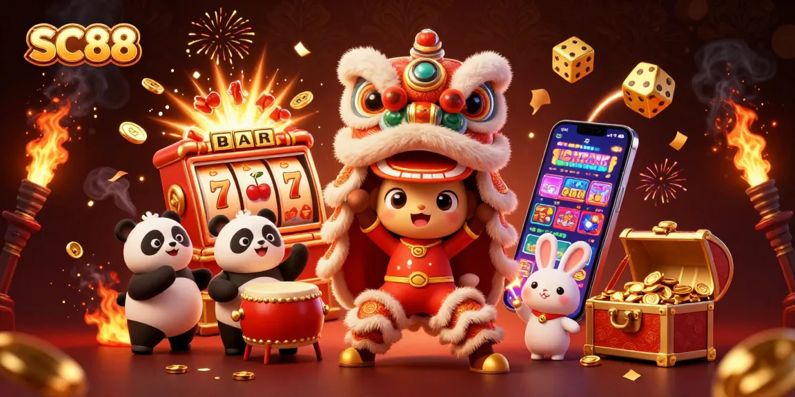 SC88 jackpot scene with a lion dance, drumming panda, and exciting game elements.
