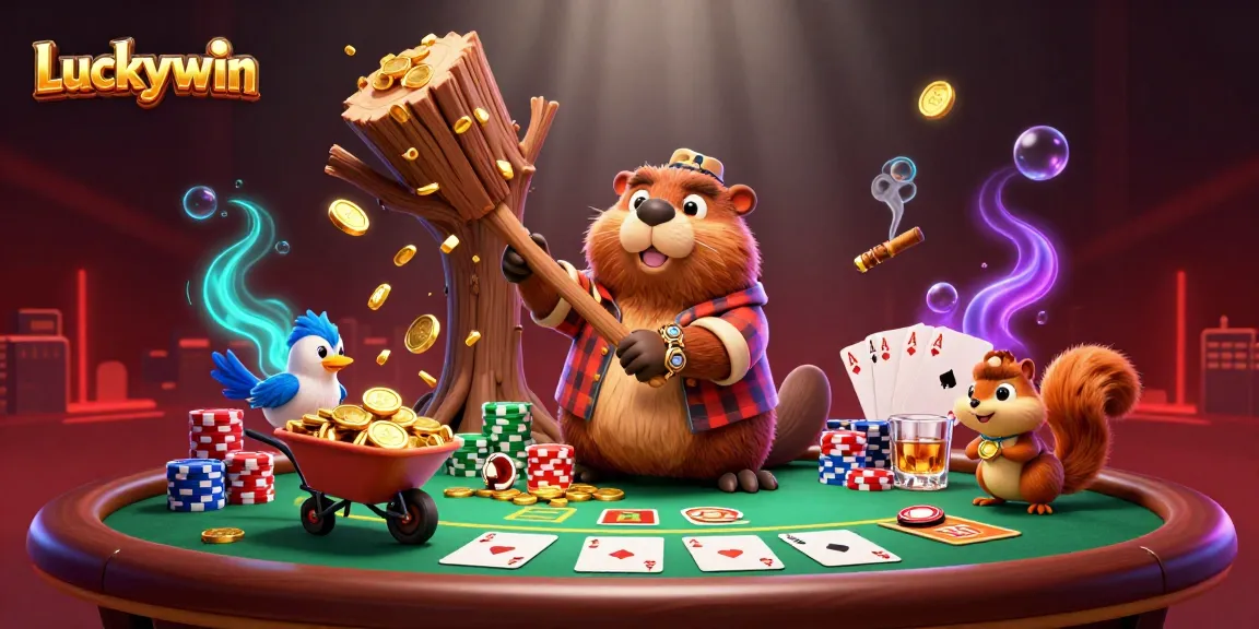 Engage in the Luckywin adventure where a beaver collects raining gold coins amidst a vibrant casino scene.