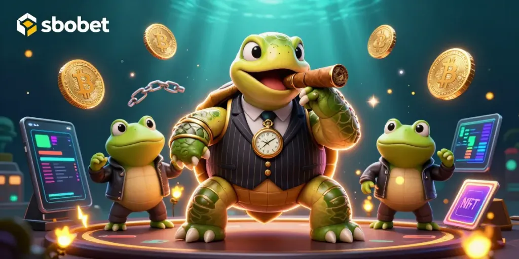 SBOBET sports betting scene with a snapping turtle in a pinstripe suit and bullfrog enforcers.