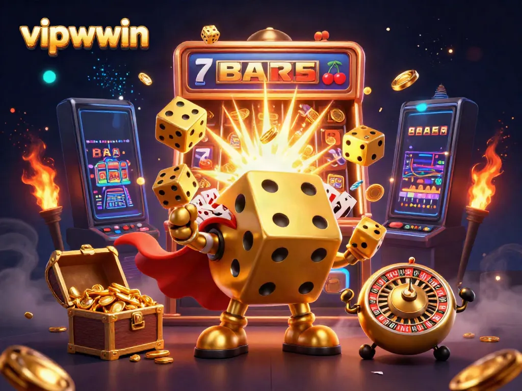Experience the thrill of vipwwin as golden dice and a dynamic casino atmosphere come alive in this vibrant illustration.