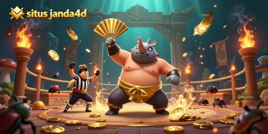 Menangkan permainan di situs janda4d dengan sumo jantan berkepala badak yang mengirimkan koin emas terbang.