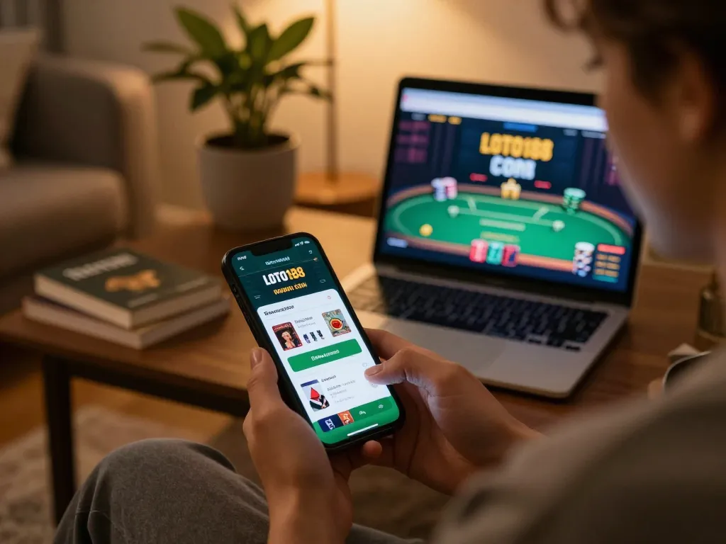 Engaging with LOTO188 COM on a smartphone at home, enjoying online gaming in a cozy atmosphere.