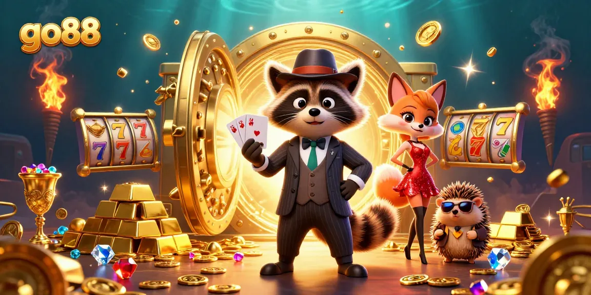 Experience go88's thrilling casino excitement with a raccoon in a royal flush, surrounded by riches.