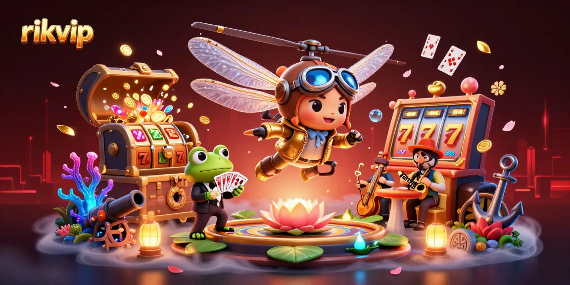 rikvip players enjoy a vibrant casino scene featuring a dragonfly pilot and frog dealer.