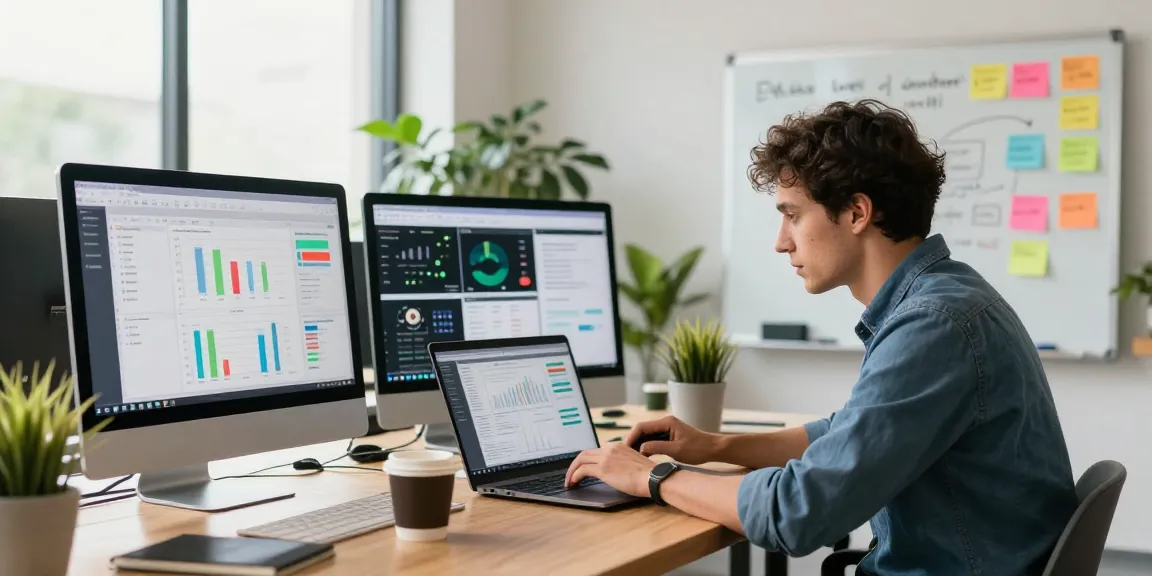 What is PBN links: Marketing strategist analyzing data with dashboards, vibrant coworking space atmosphere.