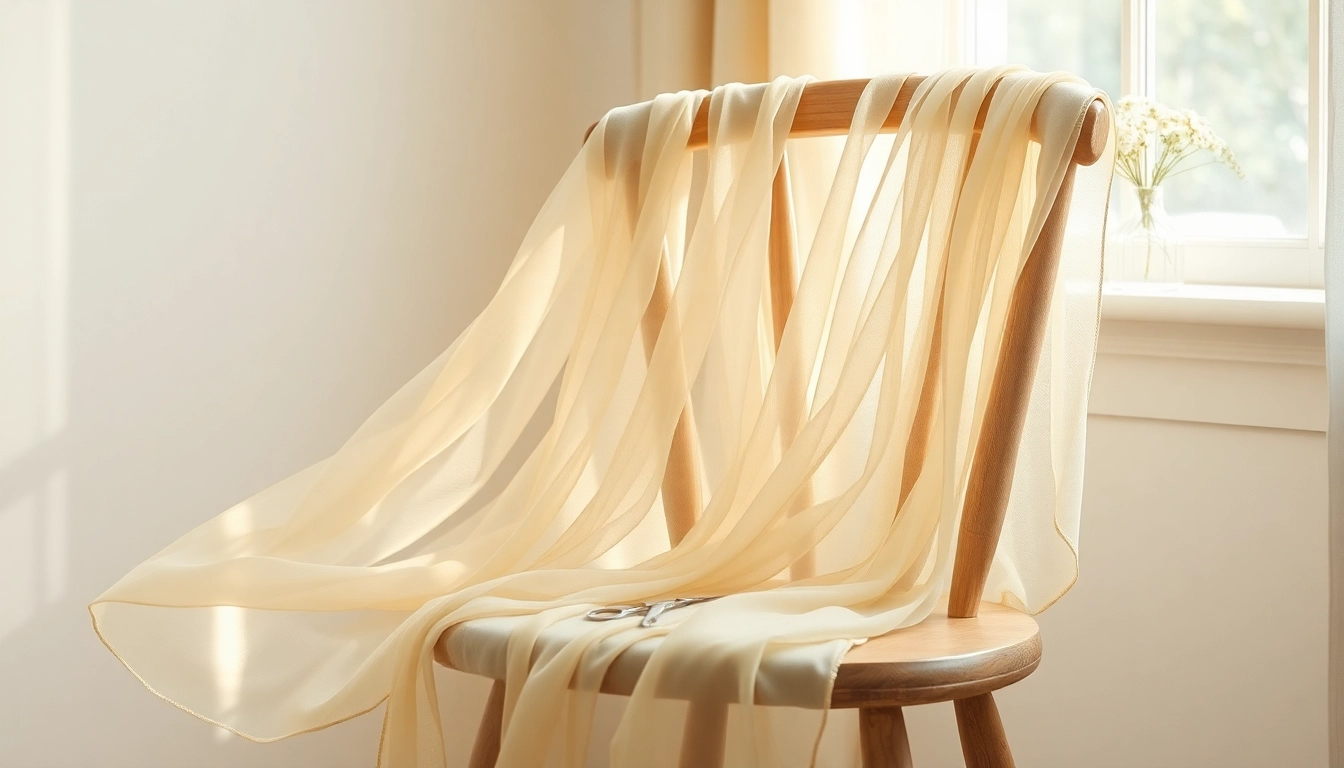 Chiffon stof kunstzinnig over een vintage stoel, zacht licht weerkaatsend.