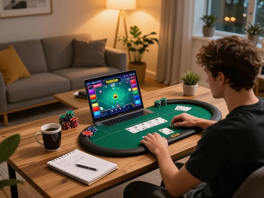 Player engaged in hitclub online poker at home, showcasing lively gaming atmosphere