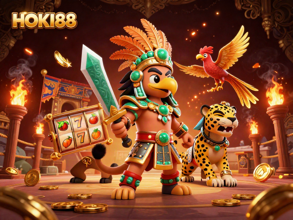 Experience the excitement of HOKI88 with an Aztec warrior scene featuring slot reels and golden tokens.