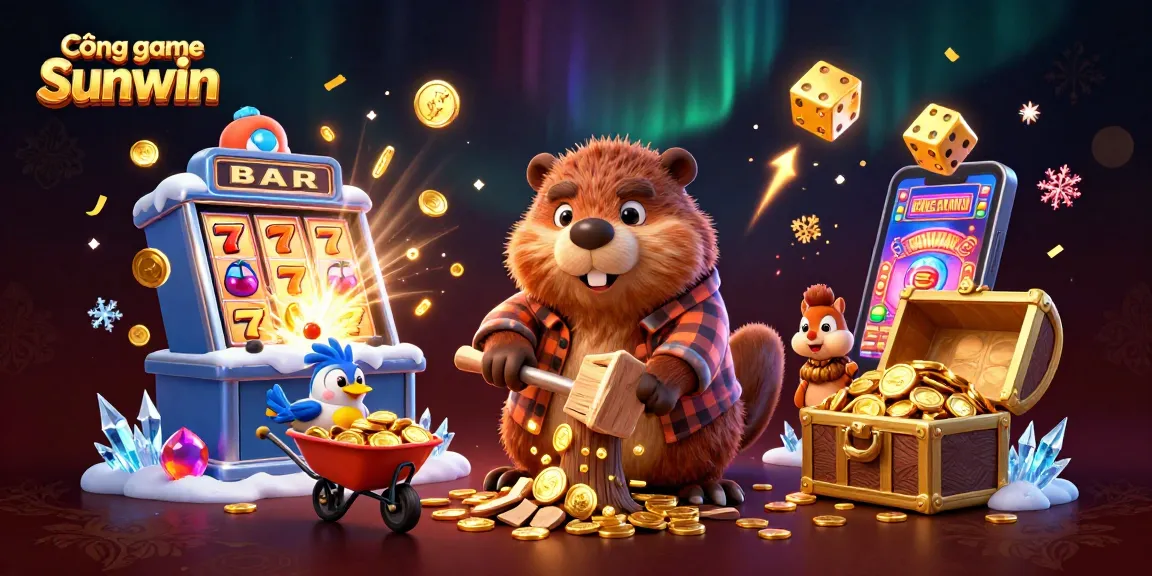 Experience the thrill of Cổng game Sunwin with vibrant gaming elements and jackpot symbols surrounding playful characters.