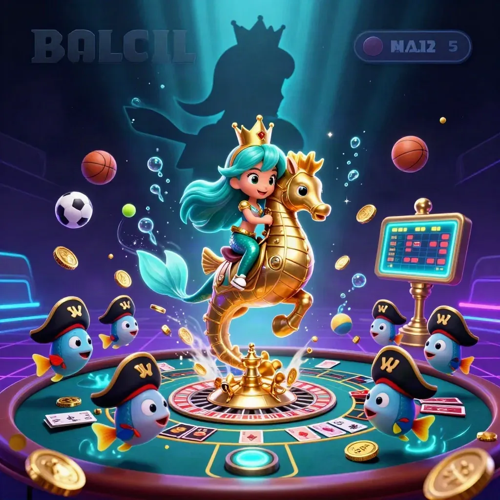 Mermaid princess on a gold seahorse amid casino and sports magic, glowing in teal and gold.