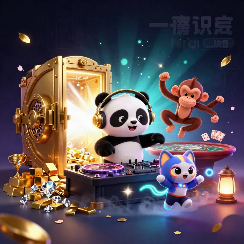 DJ panda, breakdancing monkey, and glow-stick kitten amid treasure vault gold and casino magic