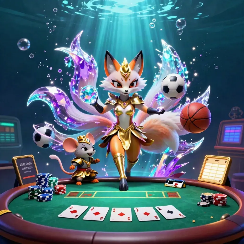 Neon fox spirit and samurai mouse amid casino chips, balls, and underwater light