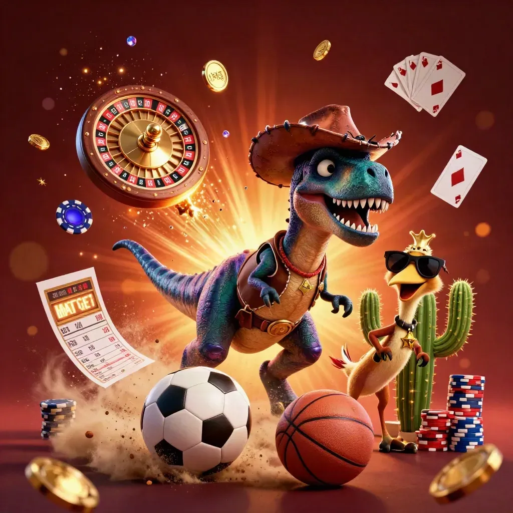 Cowboy T-Rex, cactus, and sheriff roadrunner amid flying coins, cards, balls, and glowing casino action.