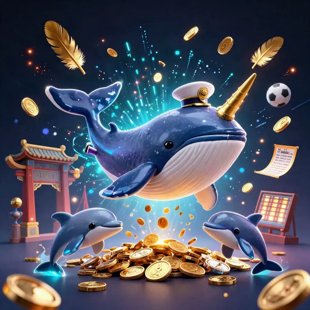 Whale captain, narwhal and dolphins burst through coins with crystal casino lights and sports props.
