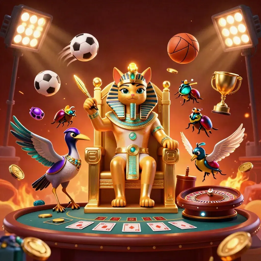 Pharaoh cat, ibis scribe, and gem-winged scarabs amid casino and sports lights.