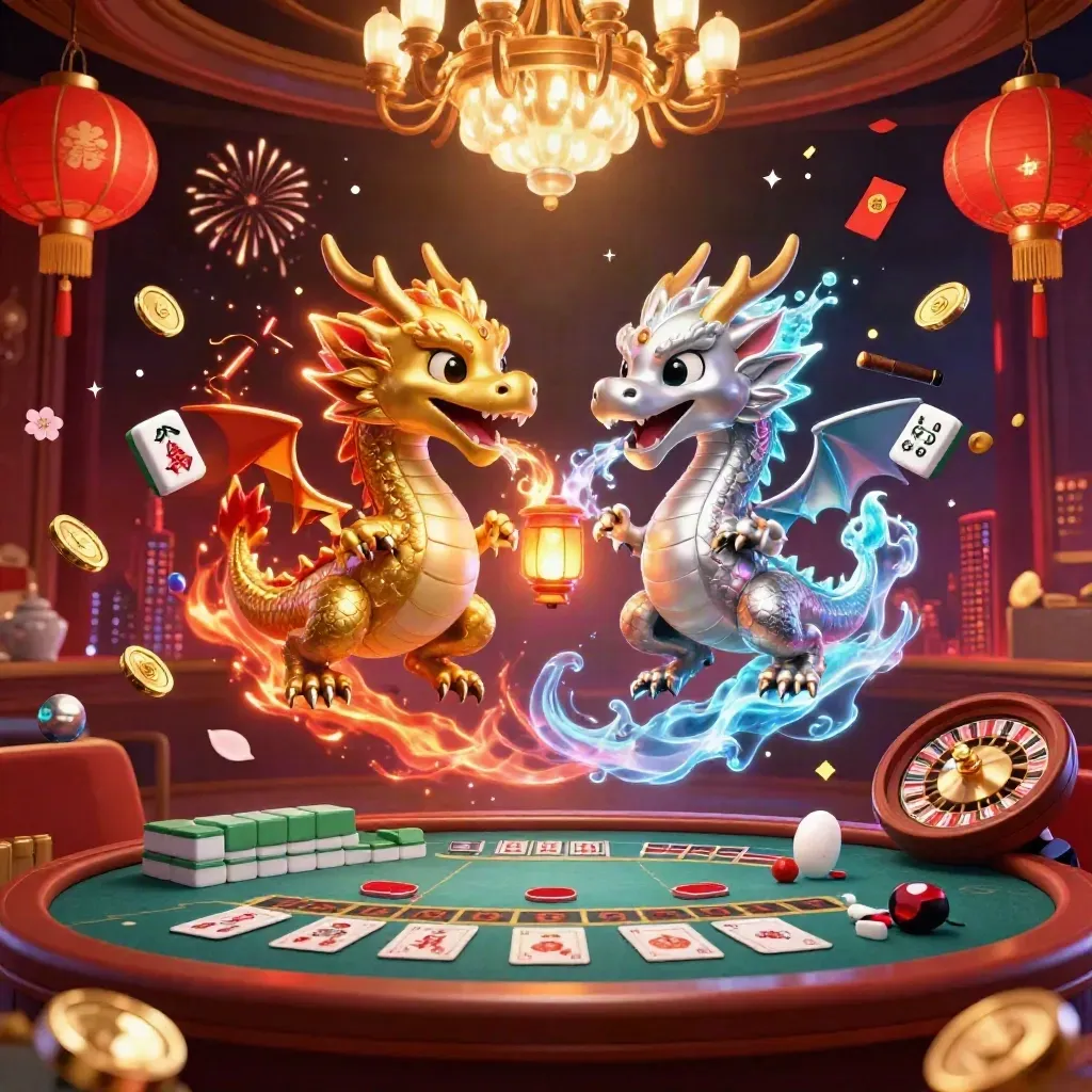 Gold and silver dragons spiral over a luxe casino room with lanterns, fireworks, and crystal coins.