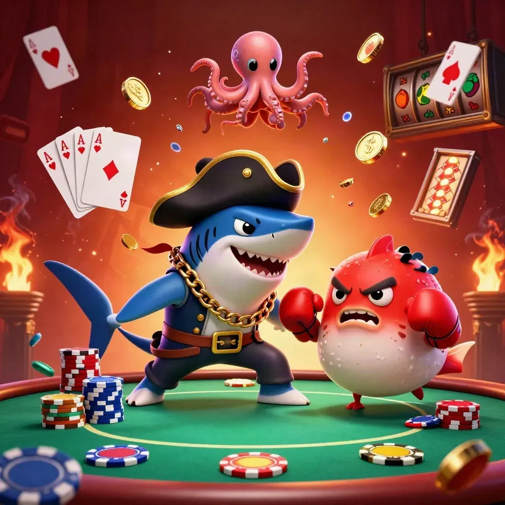 Pirate shark, boxing pufferfish, and coin-juggling octopus amid casino chips and glowing cards.