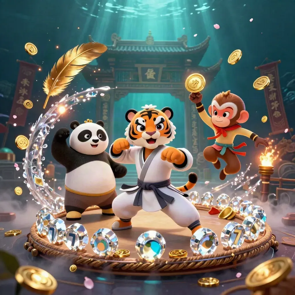 Tiger, panda, and monkey in a crystal casino kung-fu scene with coins, runes, and teal glow