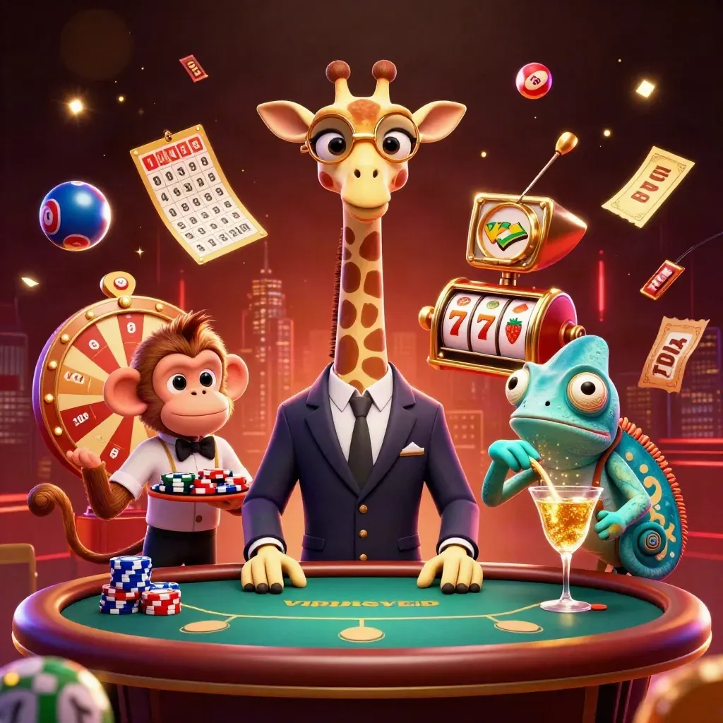 Luxury casino giraffe, monkey, and chameleon with gold sparks, balls, and prize wheel