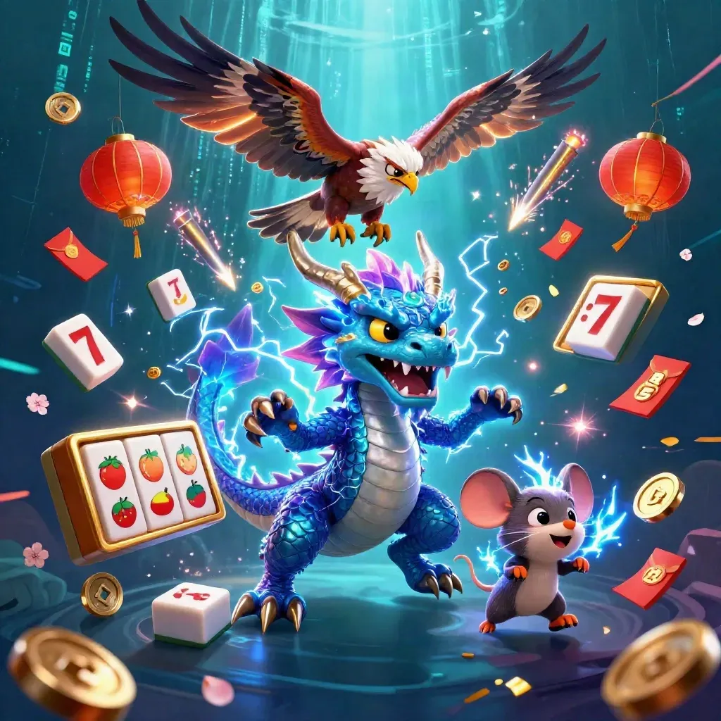 Thunder dragon, wind hawk, and crackling mouse amid casino gems, lanterns, and neon energy.