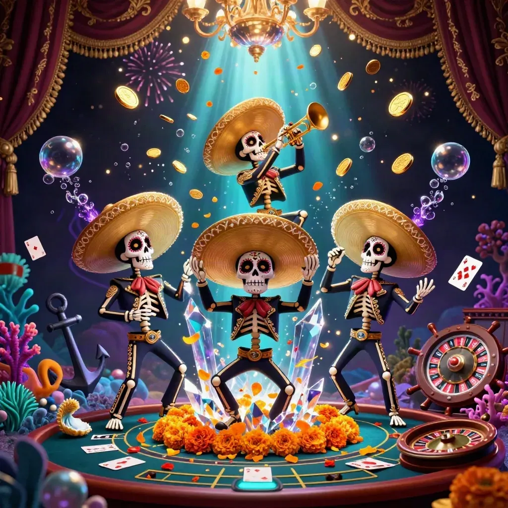 Day-of-the-Dead skeleton mariachi trio amid coins, treasure, coral, and casino glam