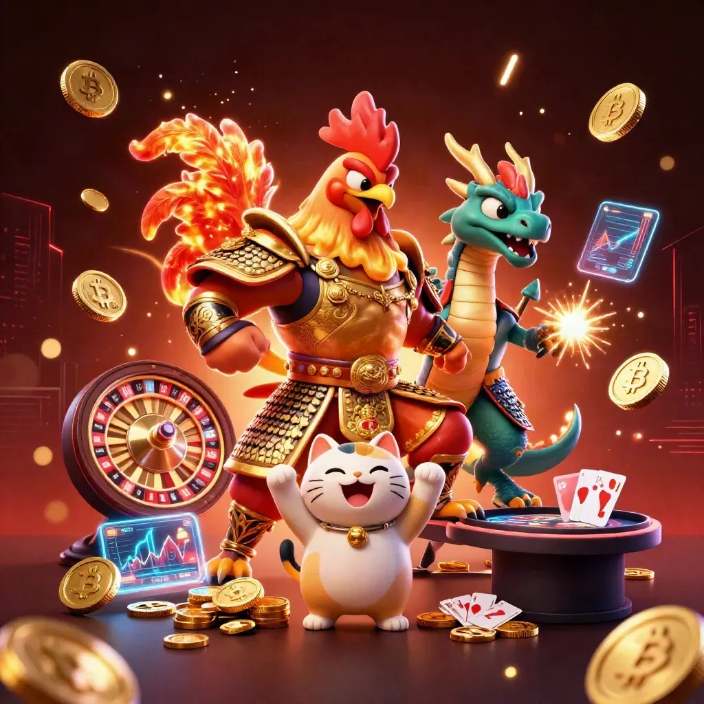 Rooster warrior, dragon hatchling, and fortune cat amid exploding coins, casino tables, and neon crypto effects