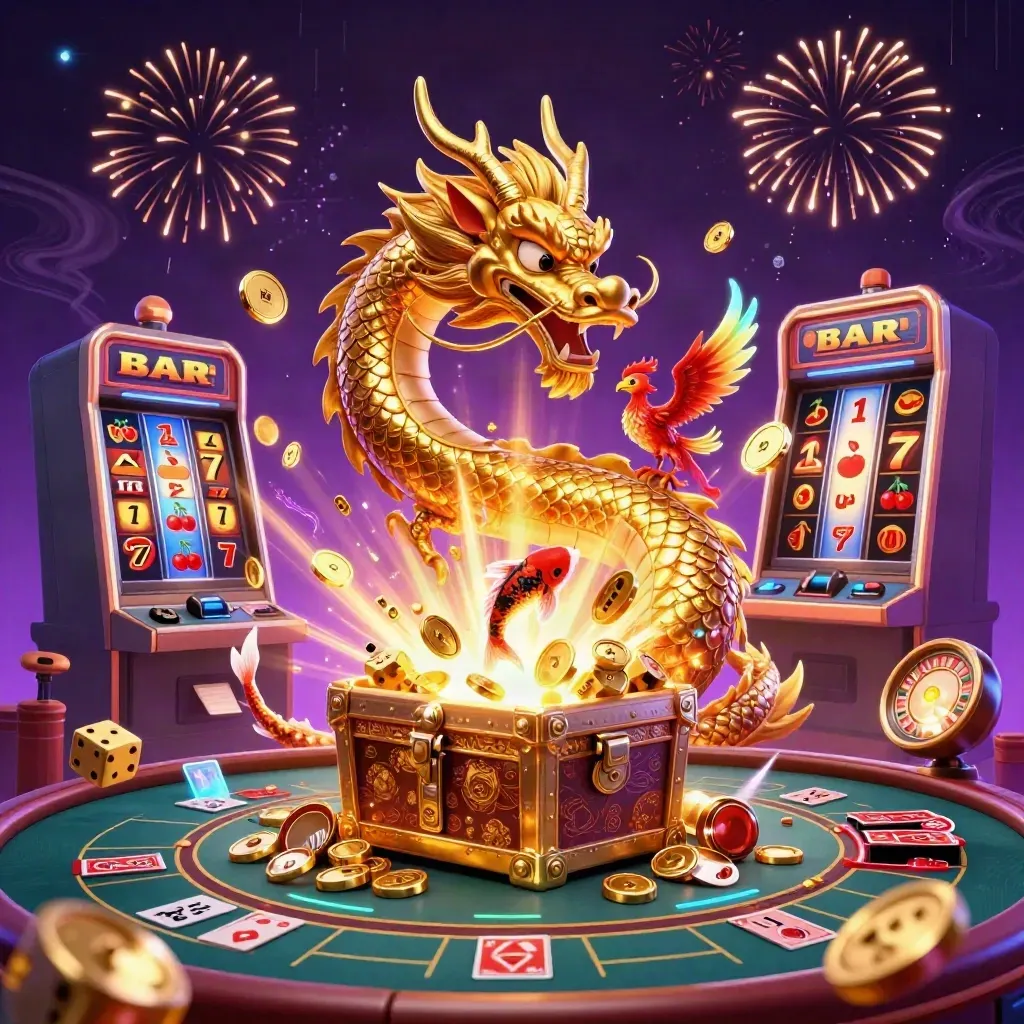 Golden dragon, phoenix, koi and casino icons explode in crystal luxe celebration.