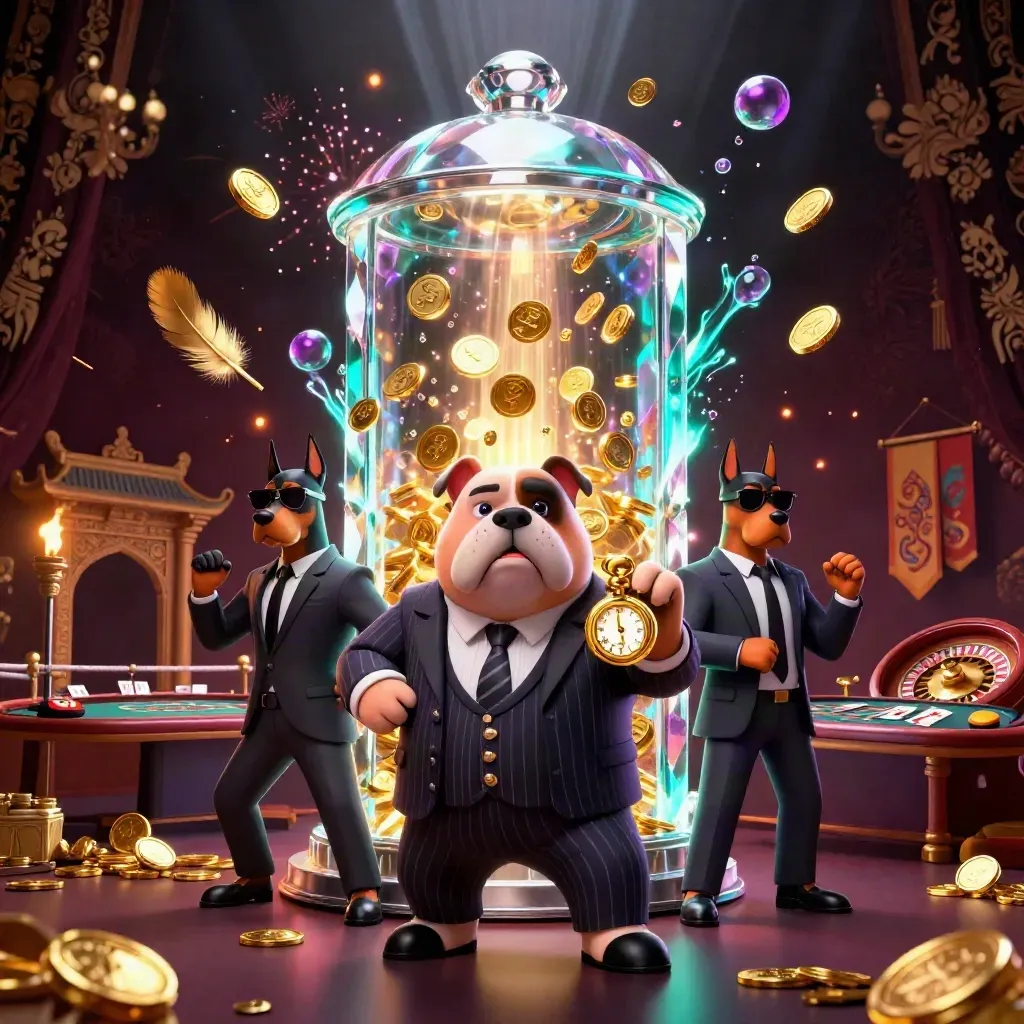 Bulldog boss and Doberman guards amid gold coins, crystal vault burst, roulette, cards, and fireworks.