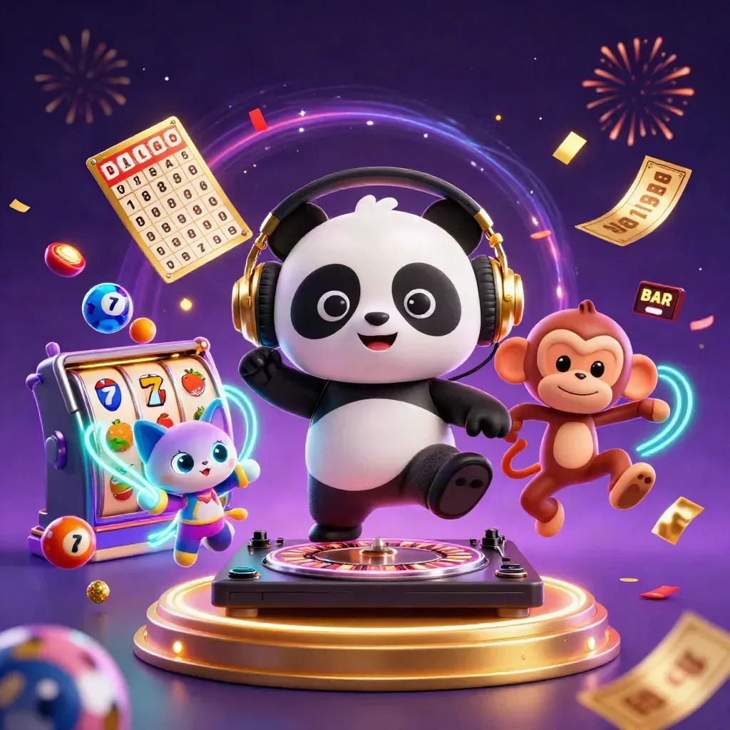 Panda DJ, dancing monkey, and glow-stick kitten amid casino reels, balls, fireworks, and gold confetti
