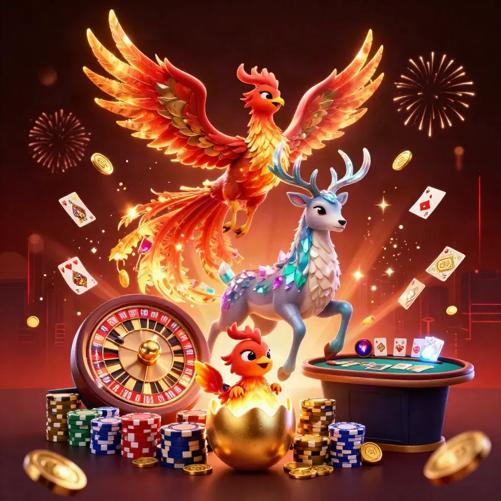 Phoenix, crystal stag and baby phoenix burst through coins, gems and casino chips in a luxe dark blaze.