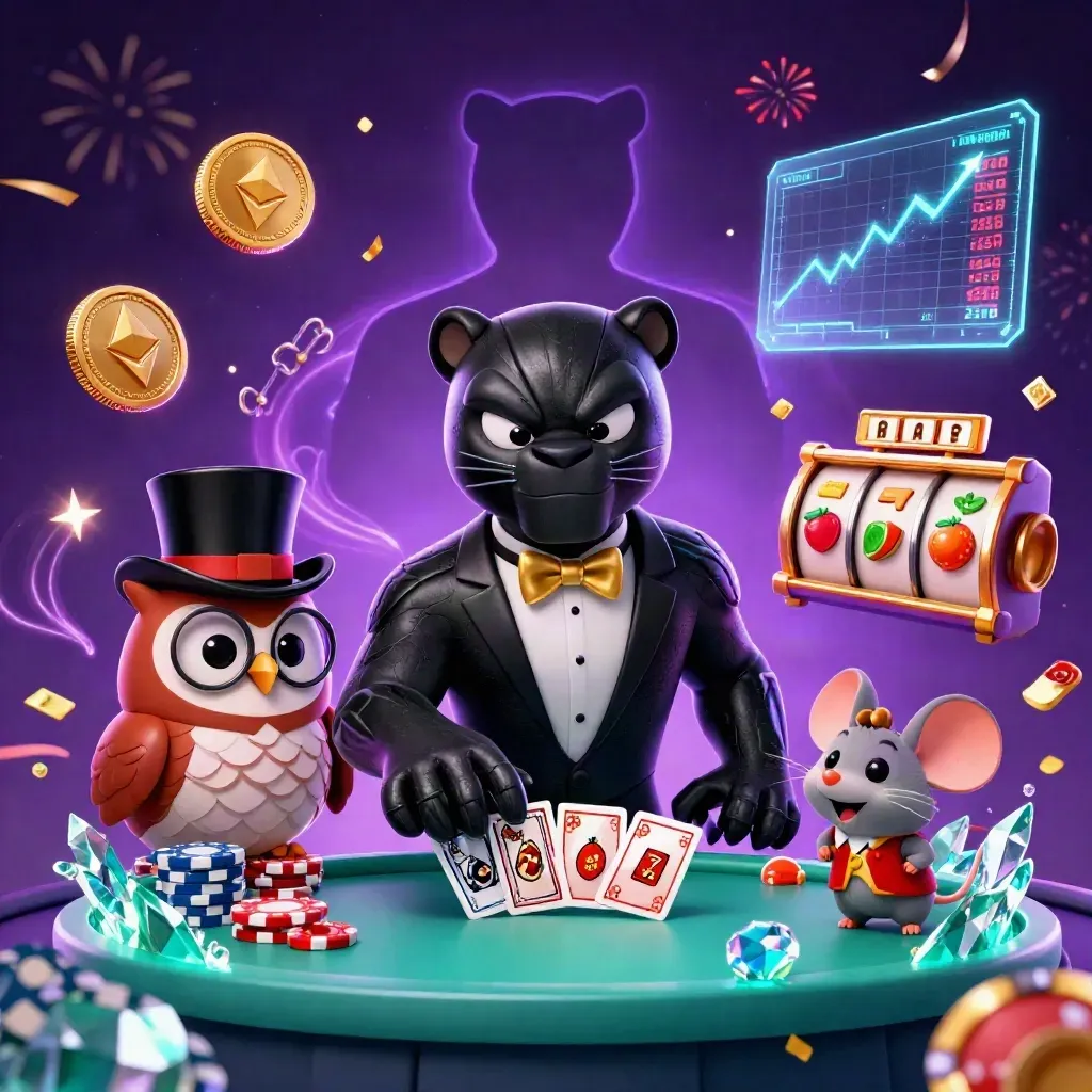 Black panther, owl, and mouse amid casino chips, coins, reels, lightning, and crystal energy.