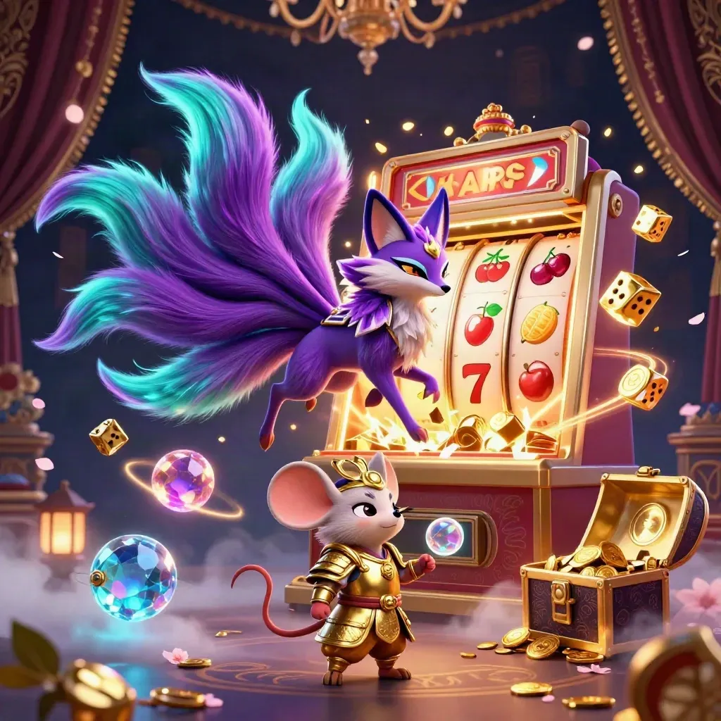 Fox spirit and samurai mouse amid a bursting crystal slot machine, gold dice, and jackpot glow.
