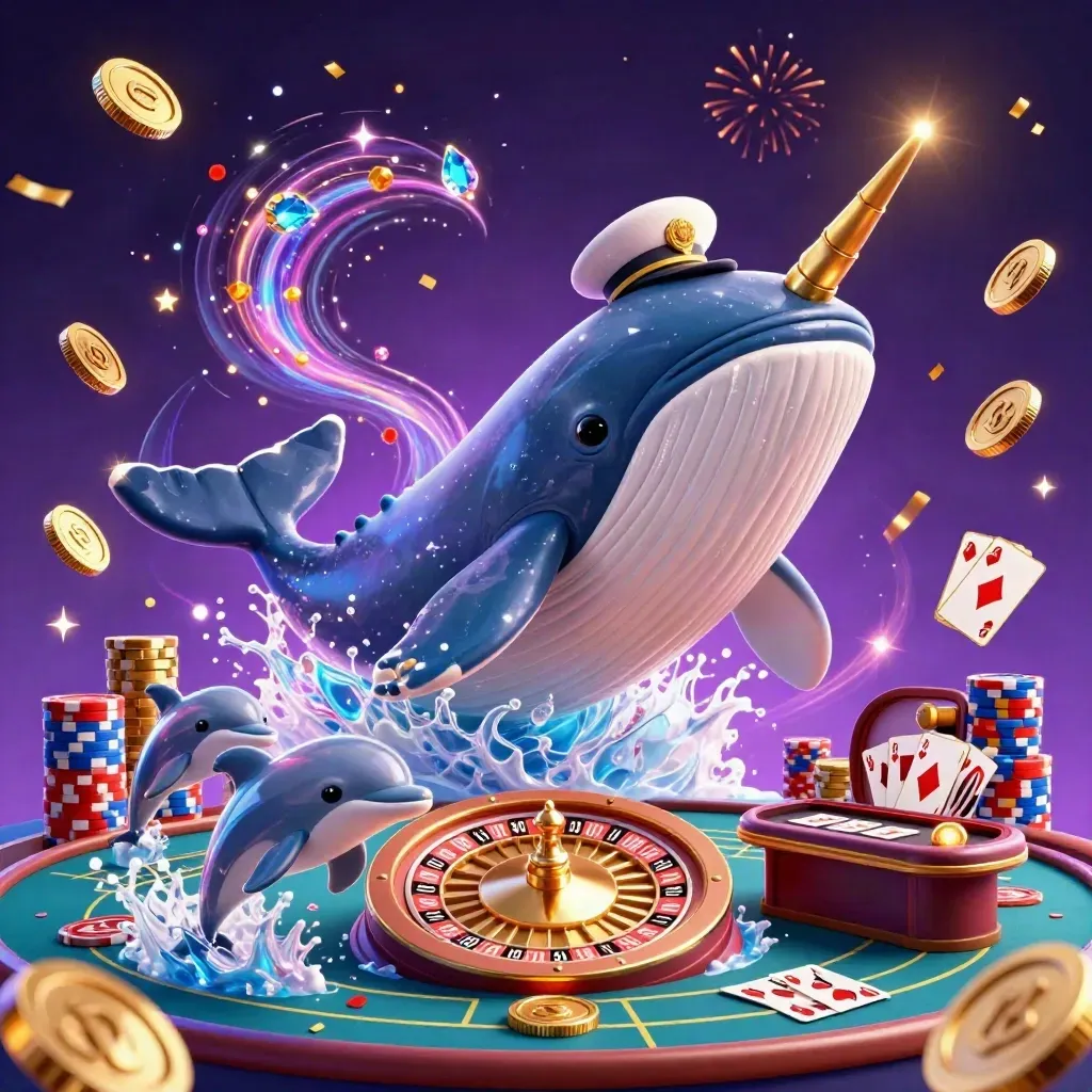 Captain whale, narwhal and chip-trick dolphins amid coins, gems and a spinning roulette wheel