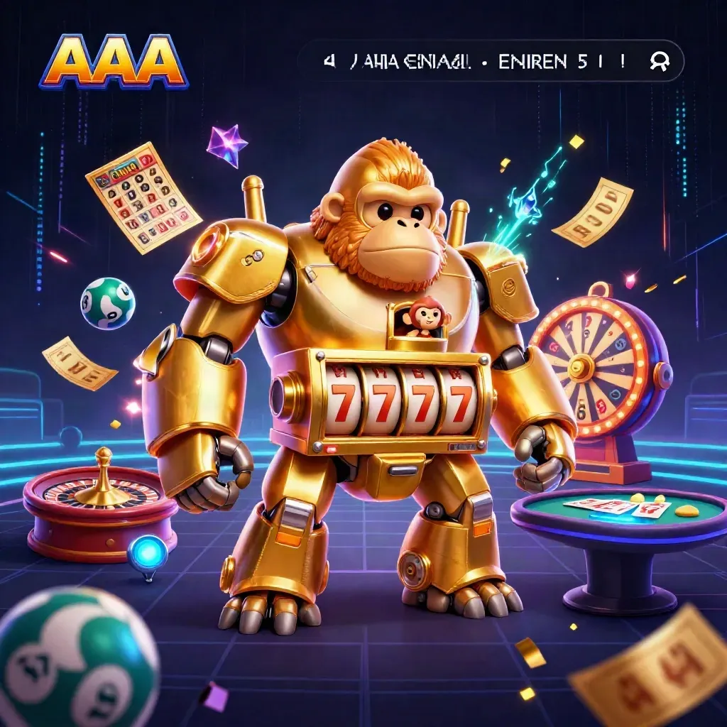 Golden gorilla mech with a tiny monkey pilot, casino props, neon sparks, and crystal glow
