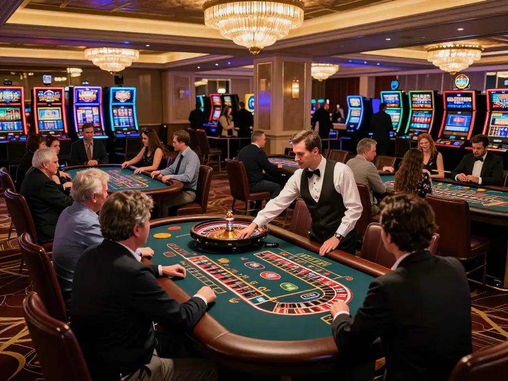 Experience the excitement of live gaming at qh88go's luxurious casino floor with players at roulette tables.