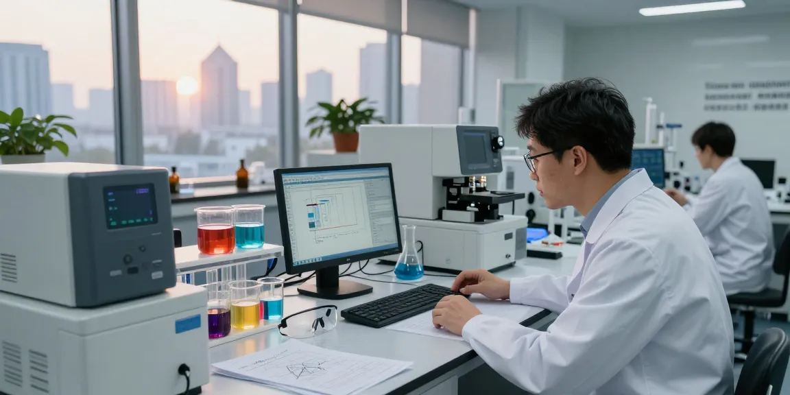 Scientist observing depo 5000 synthesis results in a vibrant laboratory at dawn.